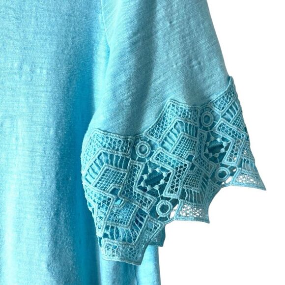 Chico’s L aqua blue wide lace trim slub short sleeve top (Chico’s size 2) - Picture 4 of 9